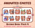 Brown Bear animated Twitch emote pack featuring 10 emotes including cozy, sus, panic, and shrug.