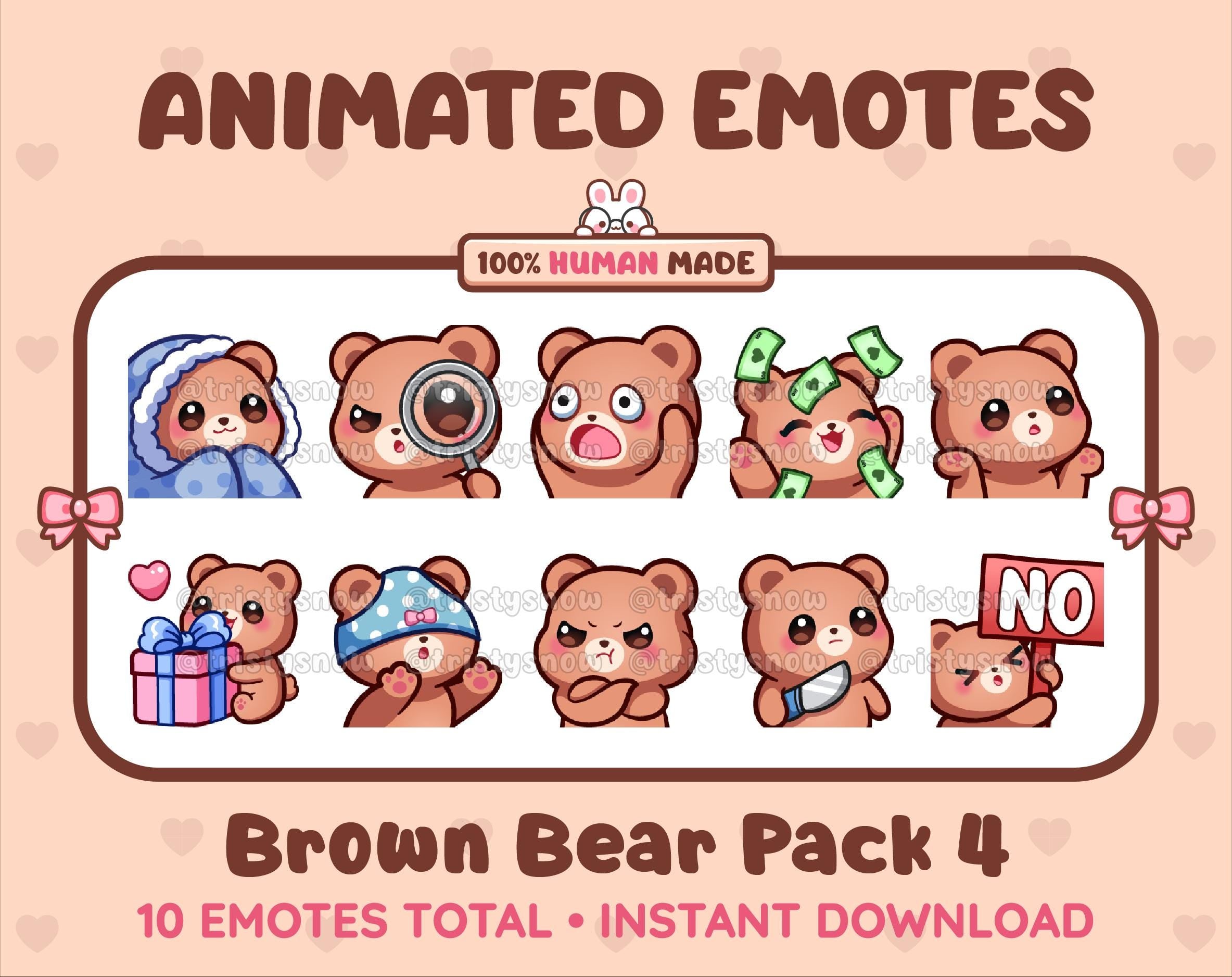 Brown Bear animated Twitch emote pack featuring 10 emotes including cozy, sus, panic, and shrug.