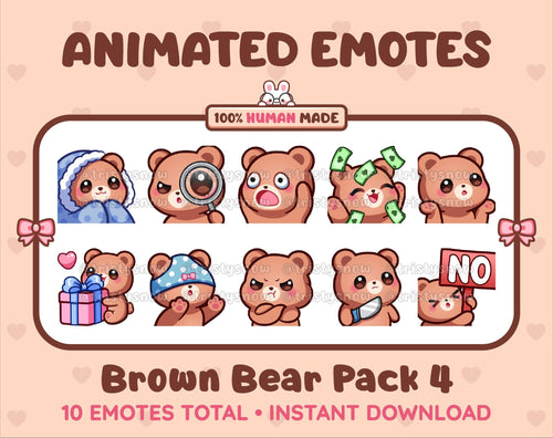 Brown Bear animated Twitch emote pack featuring 10 emotes including cozy, sus, panic, and shrug.