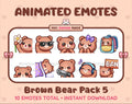 Brown Bear animated Twitch emote pack featuring 10 emotes including flower, cool, plead, and lurk.