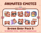 Brown Bear animated Twitch emote pack featuring 10 emotes including flower, cool, plead, and lurk.