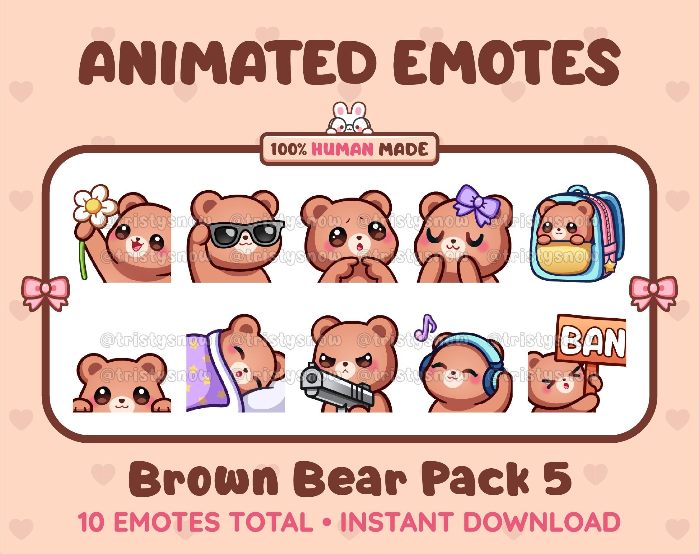 Brown Bear animated Twitch emote pack featuring 10 emotes including flower, cool, plead, and lurk.