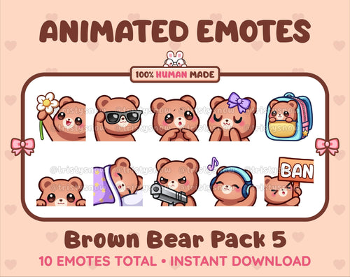 Brown Bear animated Twitch emote pack featuring 10 emotes including flower, cool, plead, and lurk.