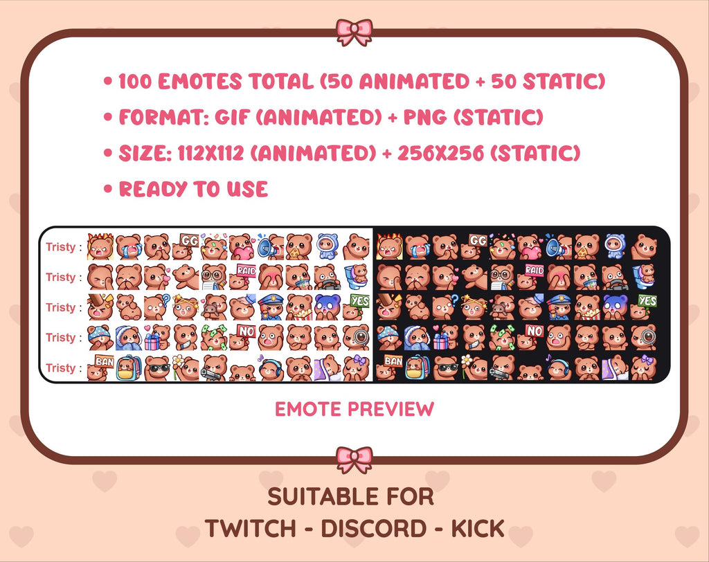 Brown Bear animated Twitch emote mega pack preview displaying all 50 emotes with format and size information.