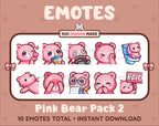 Pink Bear Twitch emote pack featuring 10 emotes including kiss, facepalm, shy, and raid.