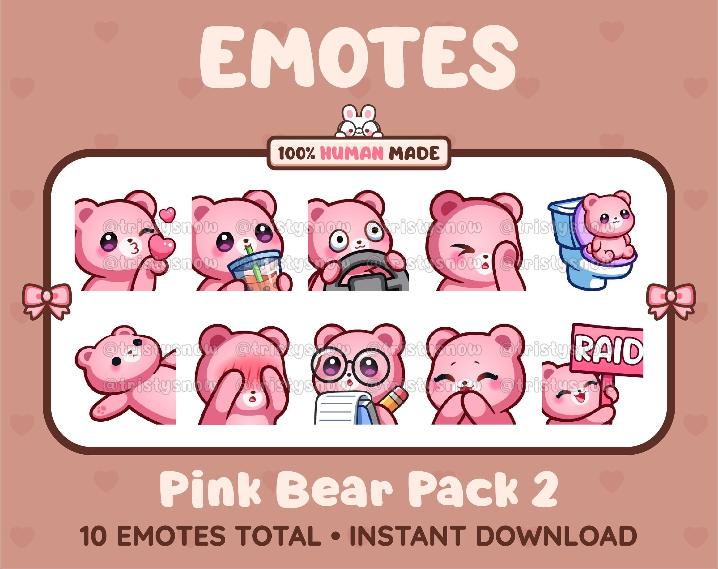 Pink Bear Twitch emote pack featuring 10 emotes including kiss, facepalm, shy, and raid.