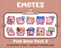 Pink Bear Twitch emote pack featuring 10 emotes including hug, scared, bonk, and popcorn.