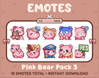 Pink Bear Twitch emote pack featuring 10 emotes including hug, scared, bonk, and popcorn.