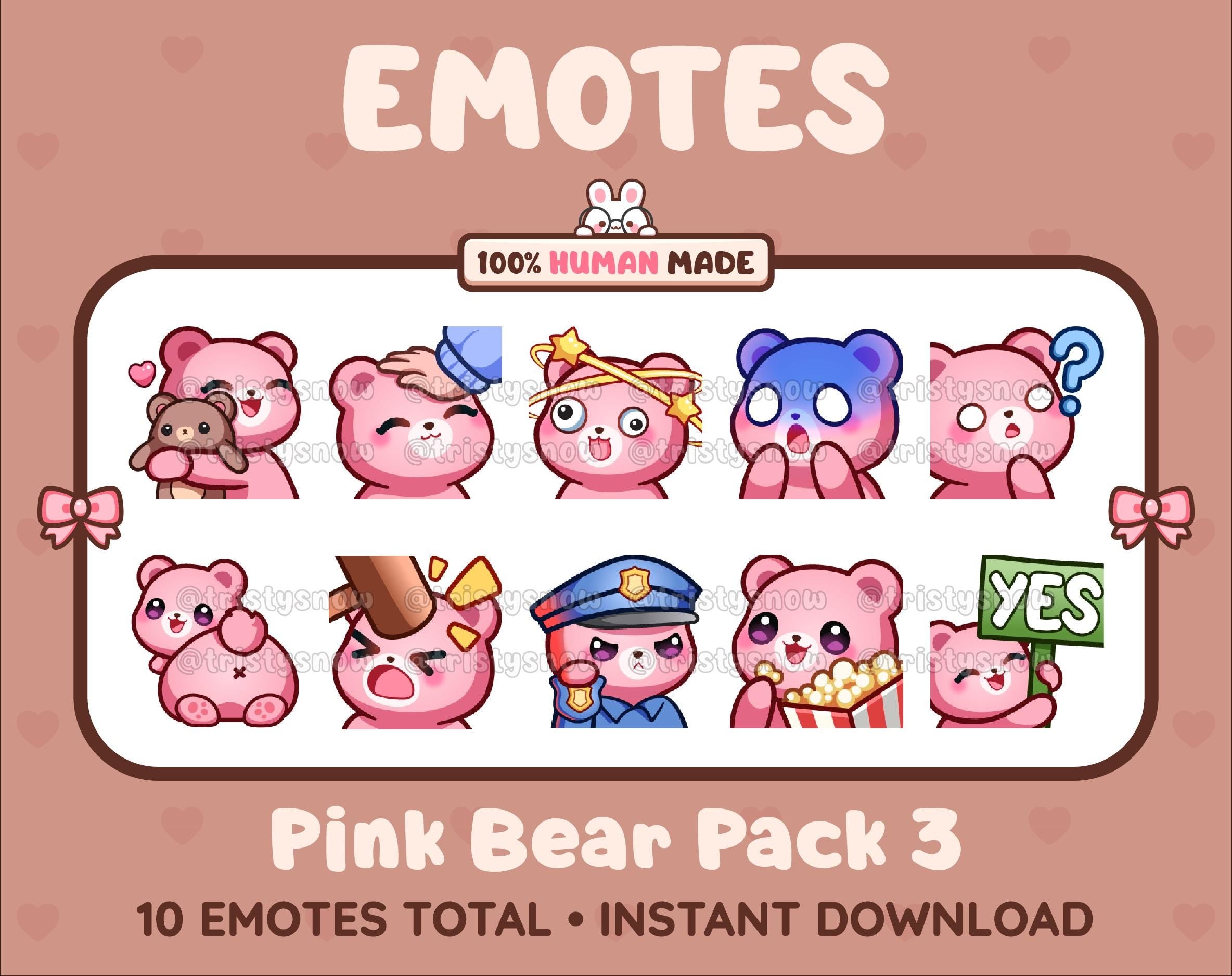 Pink Bear Twitch emote pack featuring 10 emotes including hug, scared, bonk, and popcorn.