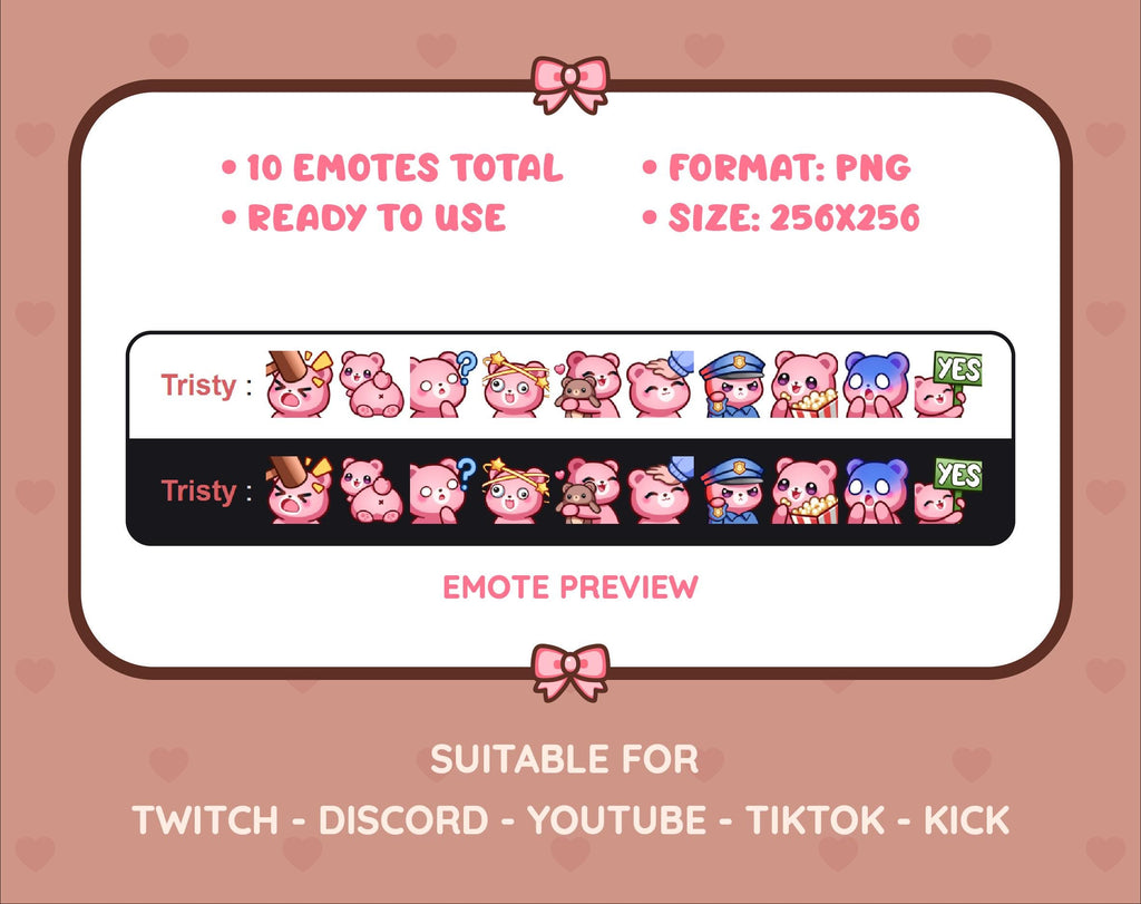 Pink Bear Twitch emote pack preview displaying all 10 emotes with format and size information.