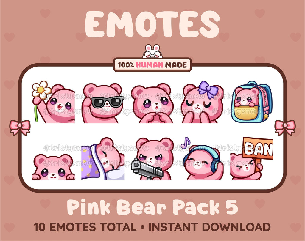 Pink Bear Twitch emote pack featuring 10 emotes including flower, cool, plead, and lurk.