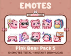Pink Bear Twitch emote pack featuring 10 emotes including flower, cool, plead, and lurk.