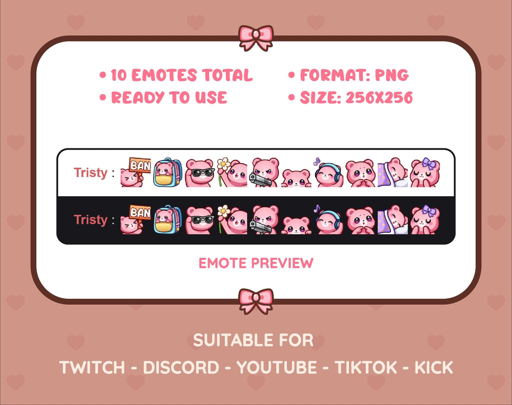 Pink Bear Twitch emote pack preview displaying all 10 emotes with format and size information.