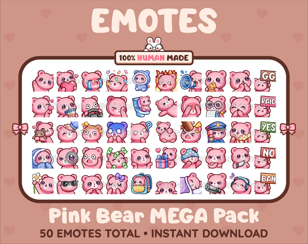 Pink Bear Twitch emote mega pack featuring 50 emotes including hype, kiss, raid, and lurk.