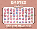 Pink Bear Twitch emote mega pack featuring 50 emotes including hype, kiss, raid, and lurk.
