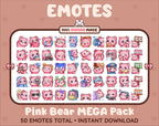 Pink Bear Twitch emote mega pack featuring 50 emotes including hype, kiss, raid, and lurk.