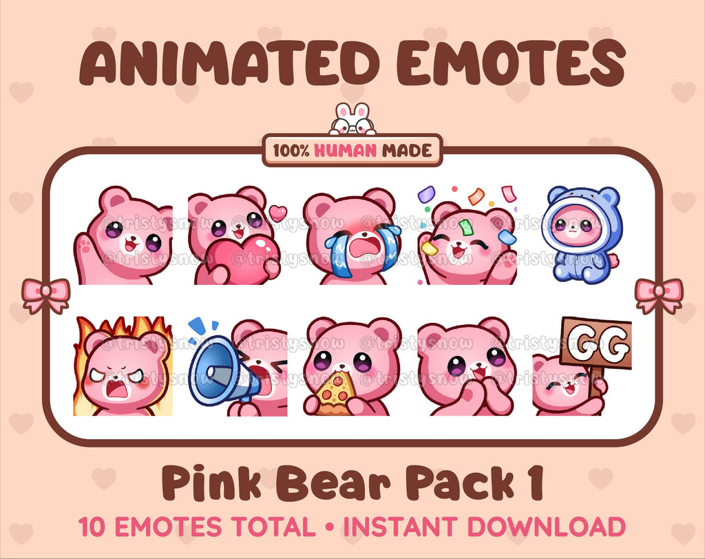 Pink Bear animated Twitch emote pack featuring 10 emotes including GG, angry, cry, and hype.
