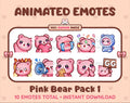 Pink Bear animated Twitch emote pack featuring 10 emotes including GG, angry, cry, and hype.
