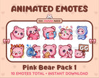 Pink Bear animated Twitch emote pack featuring 10 emotes including GG, angry, cry, and hype.