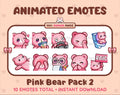 Pink Bear animated Twitch emote pack featuring 10 emotes including kiss, facepalm, shy, and raid.