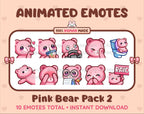 Pink Bear animated Twitch emote pack featuring 10 emotes including kiss, facepalm, shy, and raid.