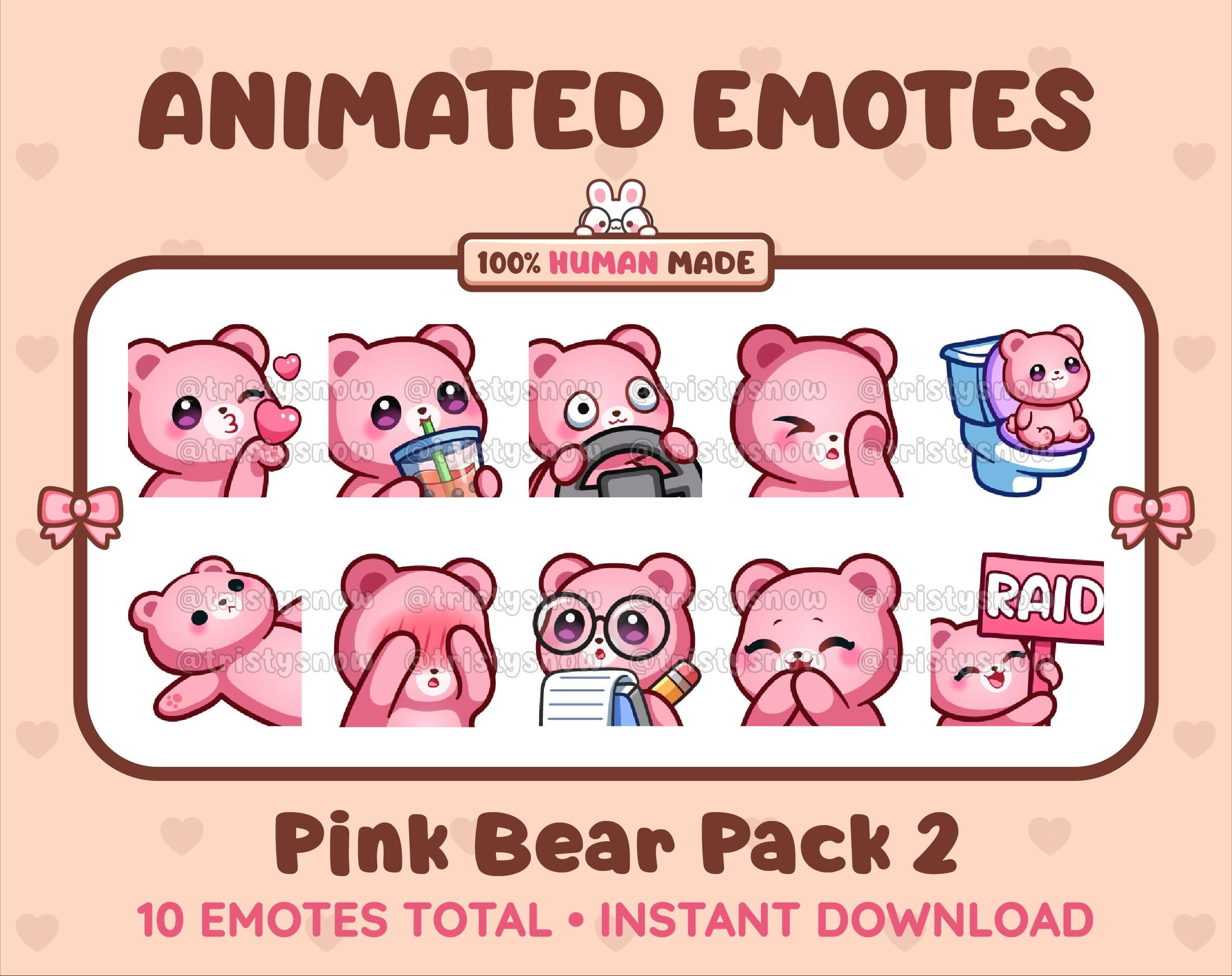 Pink Bear animated Twitch emote pack featuring 10 emotes including kiss, facepalm, shy, and raid.