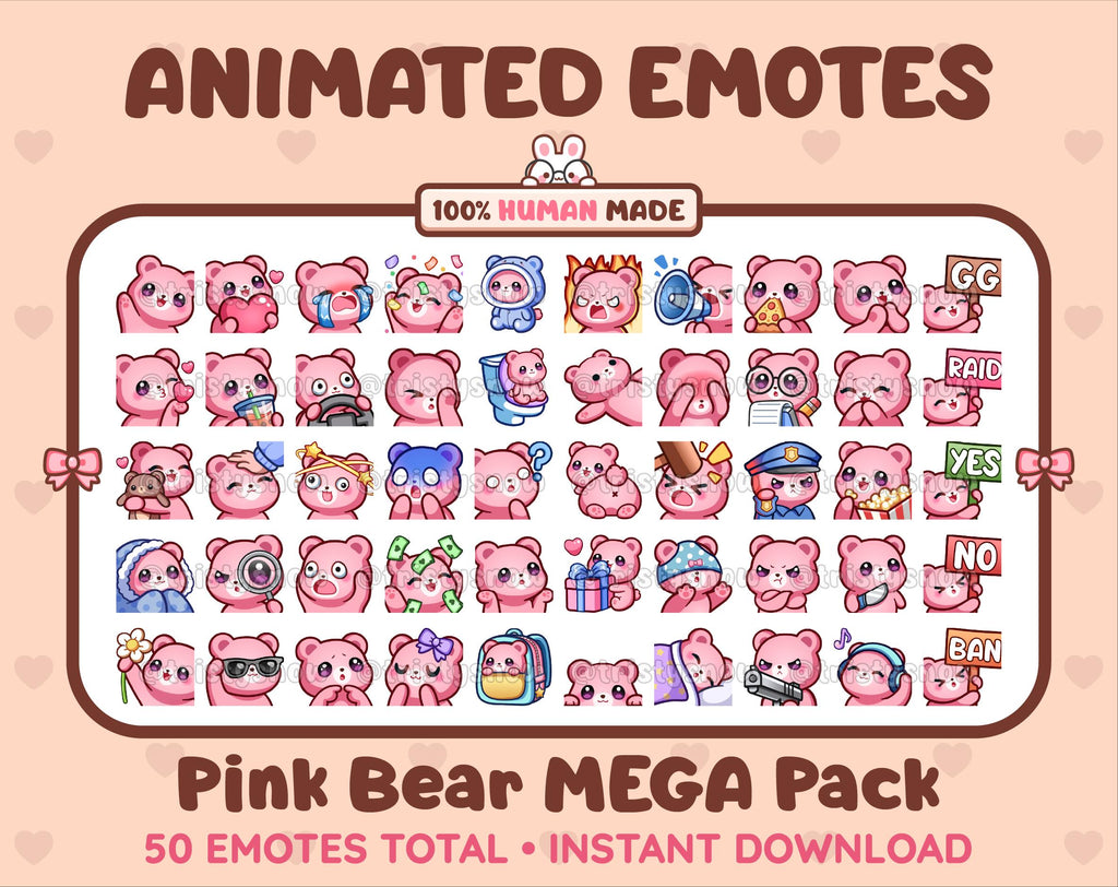 Pink Bear animated Twitch emote mega pack featuring 50 emotes including hype, kiss, raid, and lurk.