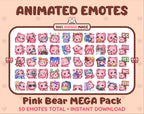 Pink Bear animated Twitch emote mega pack featuring 50 emotes including hype, kiss, raid, and lurk.