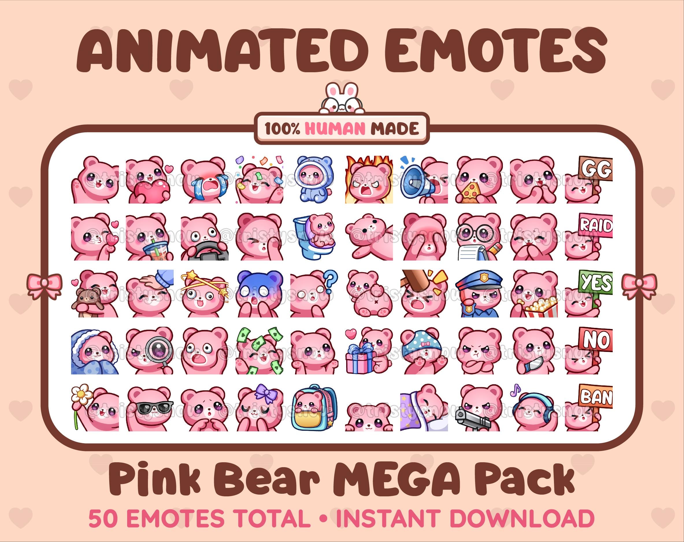 Pink Bear animated Twitch emote mega pack featuring 50 emotes including hype, kiss, raid, and lurk.