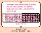 Pink Bear animated Twitch emote mega pack preview displaying all 50 emotes with format and size information.