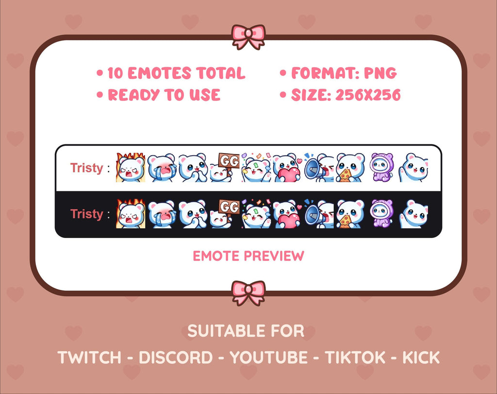 Polar Bear Twitch emote pack preview displaying all 10 emotes with format and size information.