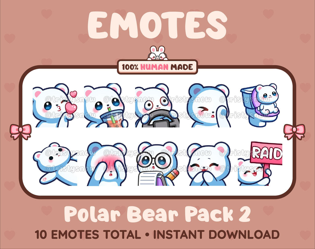 Polar Bear Twitch emote pack featuring 10 emotes including kiss, facepalm, shy, and raid.