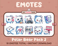 Polar Bear Twitch emote pack featuring 10 emotes including kiss, facepalm, shy, and raid.