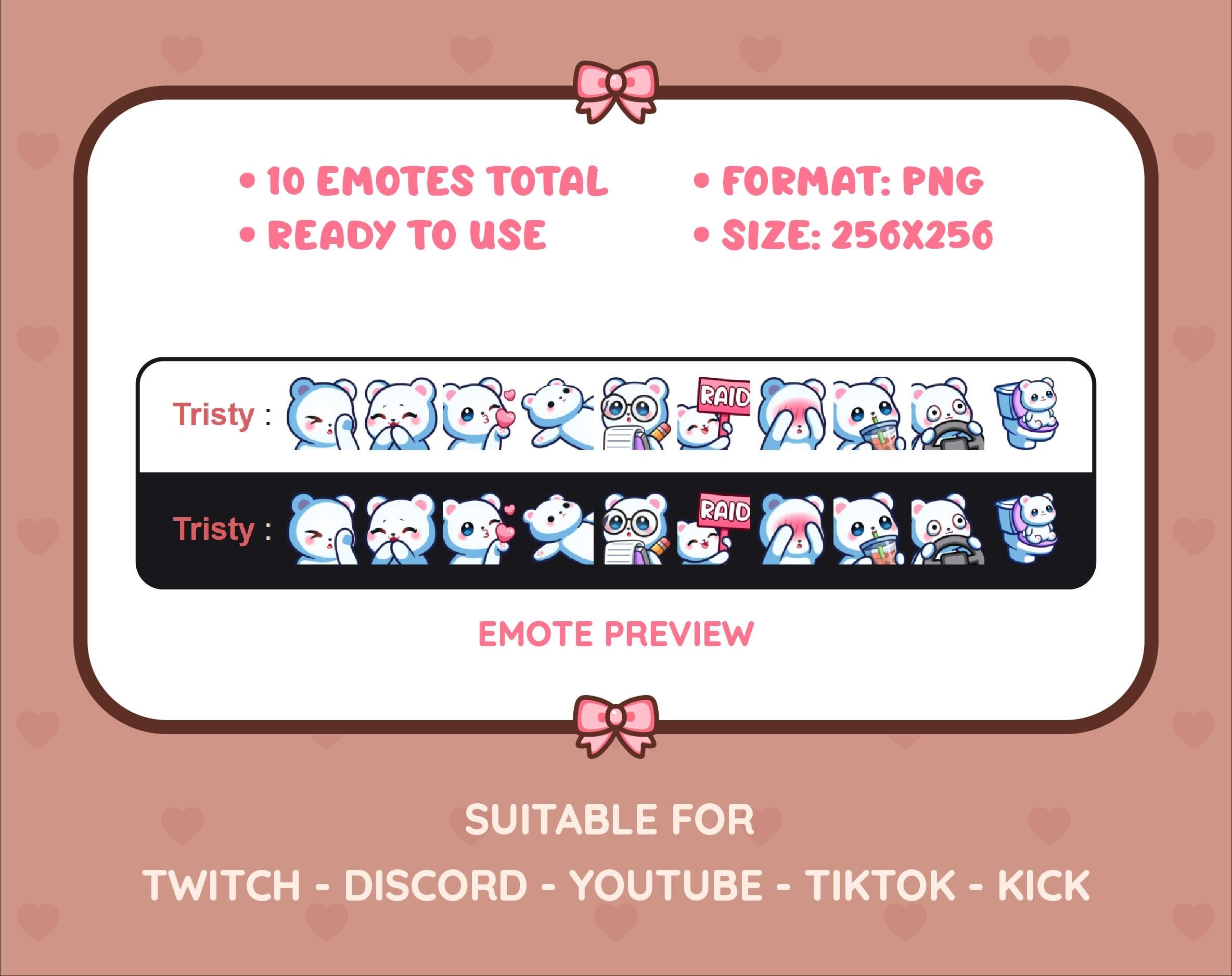 Polar Bear Twitch emote pack preview displaying all 10 emotes with format and size information.