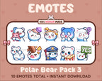 Polar Bear Twitch emote pack featuring 10 emotes including hug, scared, bonk, and popcorn.