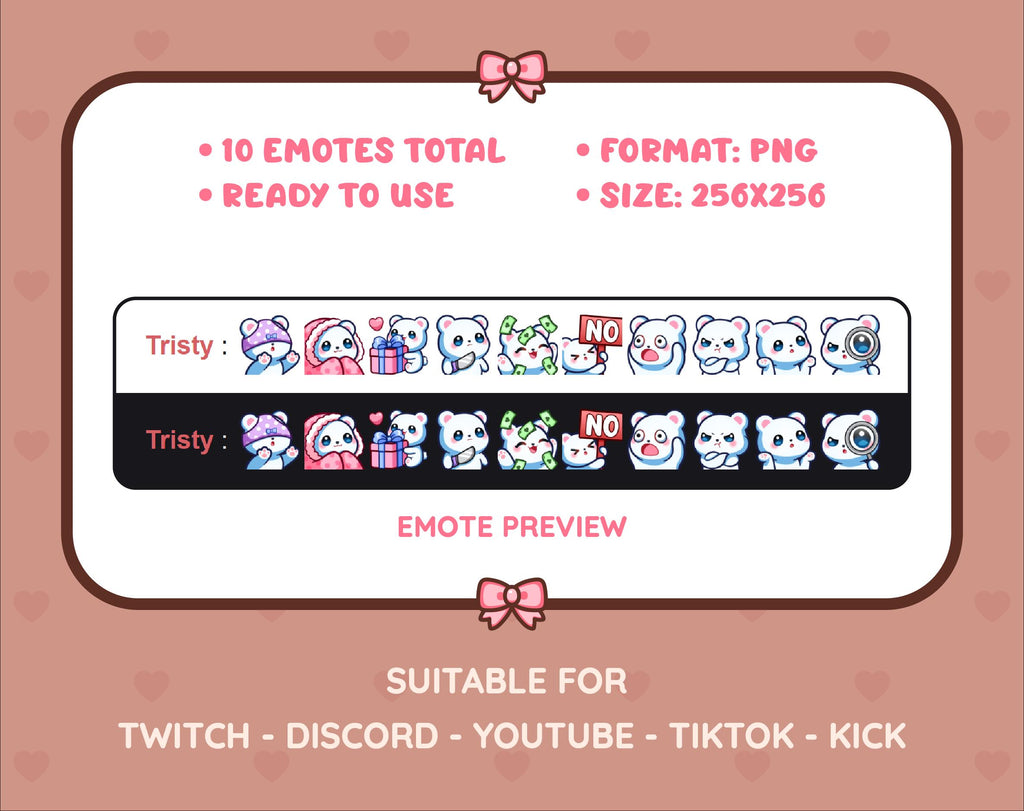 Polar Bear Twitch emote pack preview displaying all 10 emotes with format and size information.