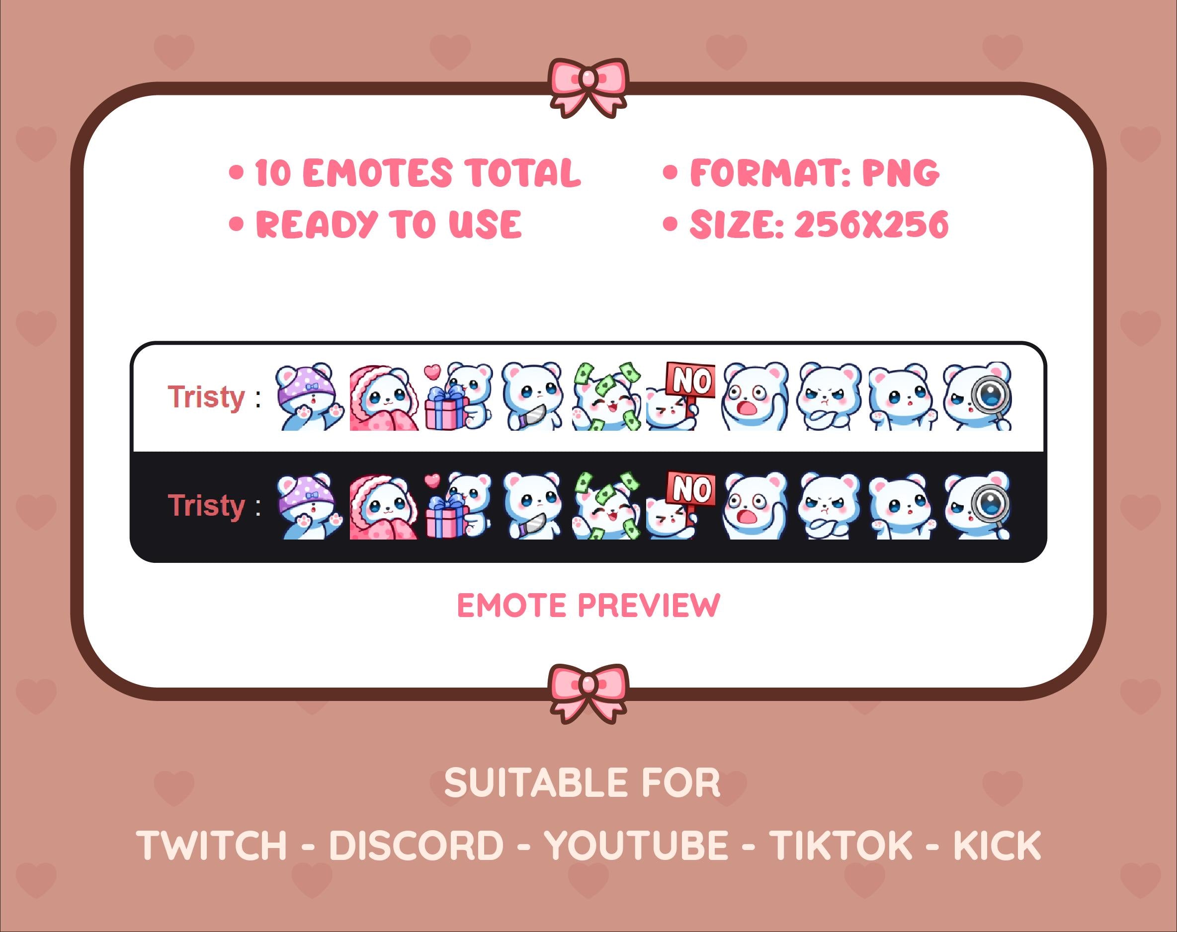 Polar Bear Twitch emote pack preview displaying all 10 emotes with format and size information.