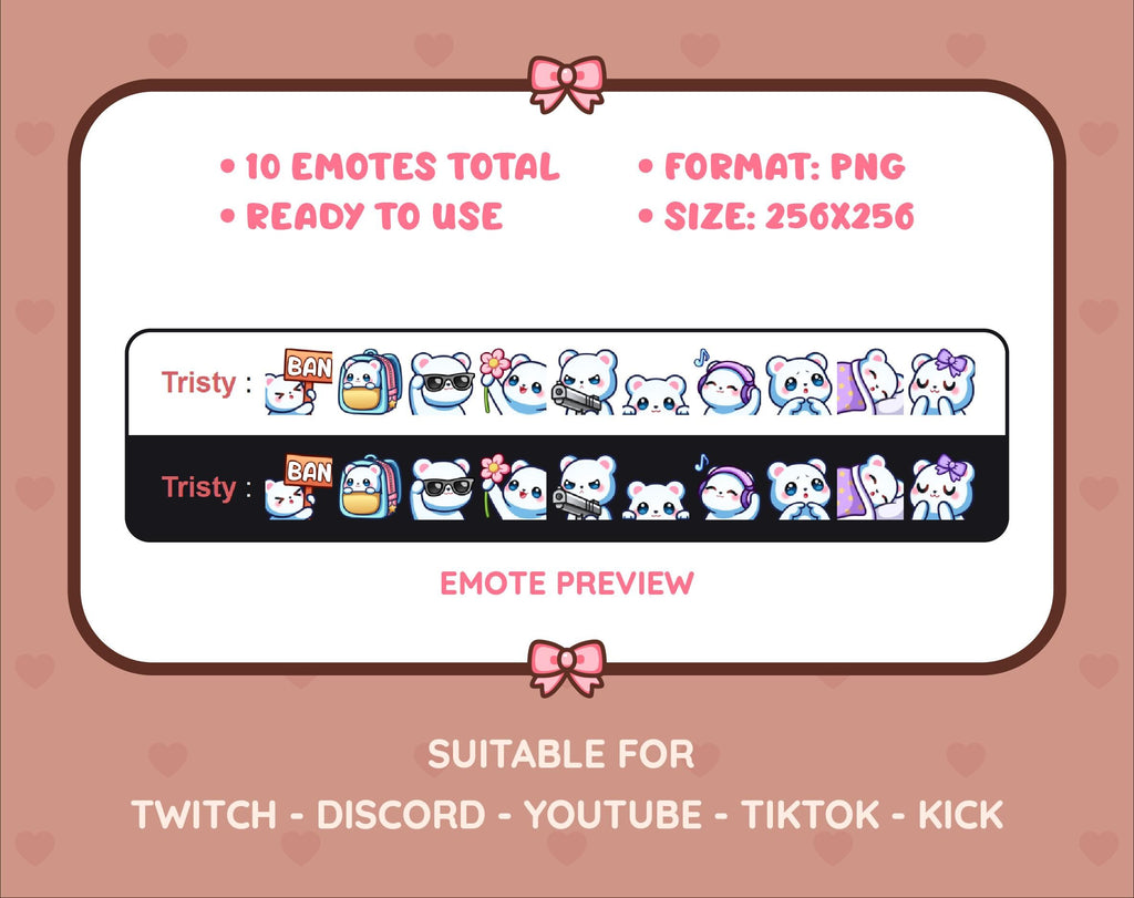 Polar Bear Twitch emote pack preview displaying all 10 emotes with format and size information.