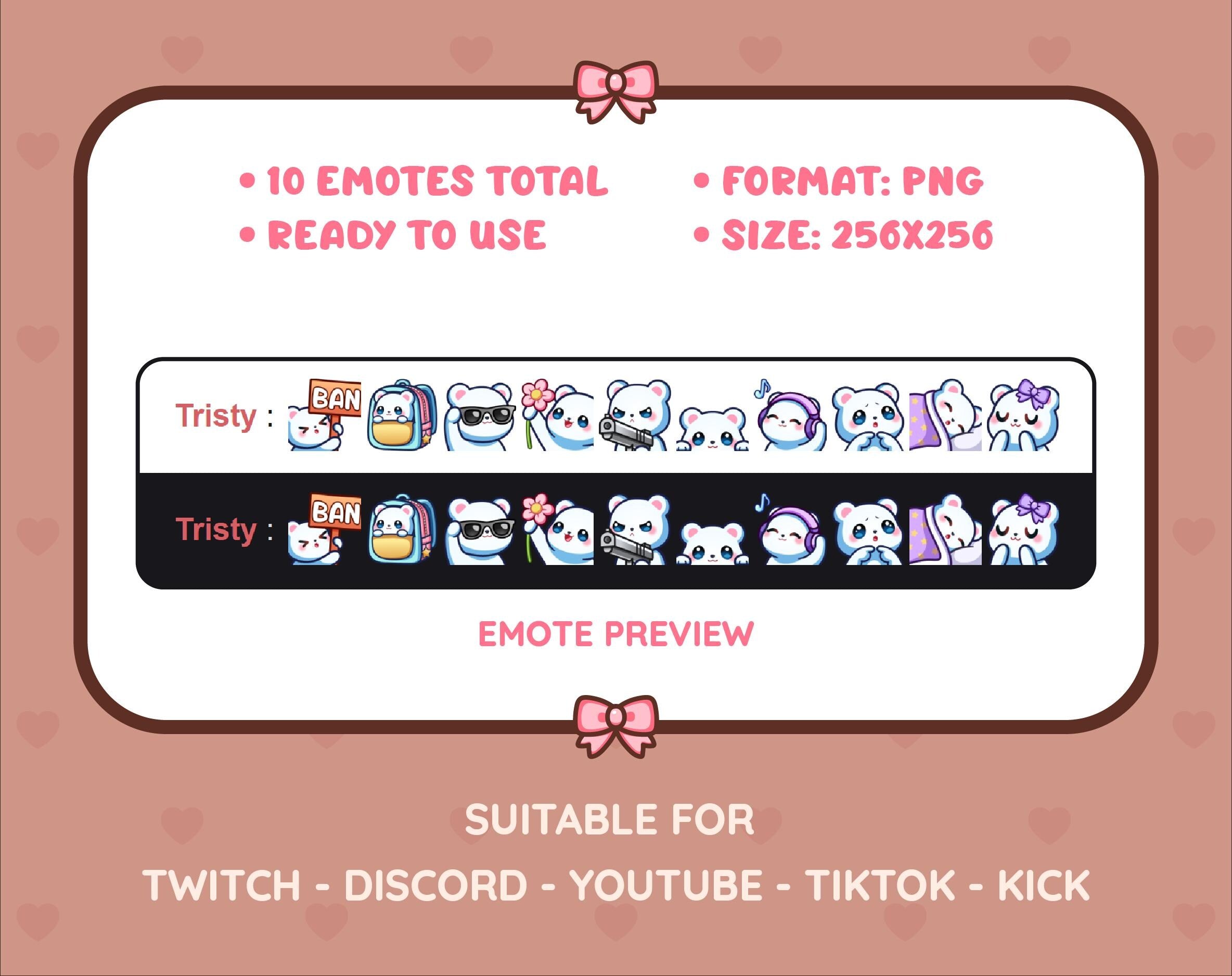 Polar Bear Twitch emote pack preview displaying all 10 emotes with format and size information.