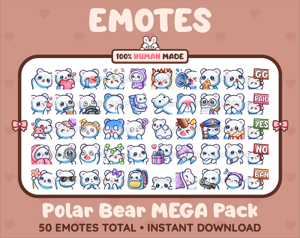 Polar Bear Twitch emote mega pack featuring 50 emotes including hype, kiss, raid, and lurk.