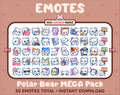 Polar Bear Twitch emote mega pack featuring 50 emotes including hype, kiss, raid, and lurk.