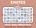 Polar Bear Twitch emote mega pack featuring 50 emotes including hype, kiss, raid, and lurk.