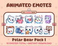 Polar Bear animated Twitch emote pack featuring 10 emotes including GG, angry, cry, and hype.