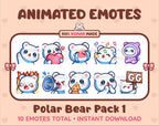 Polar Bear animated Twitch emote pack featuring 10 emotes including GG, angry, cry, and hype.