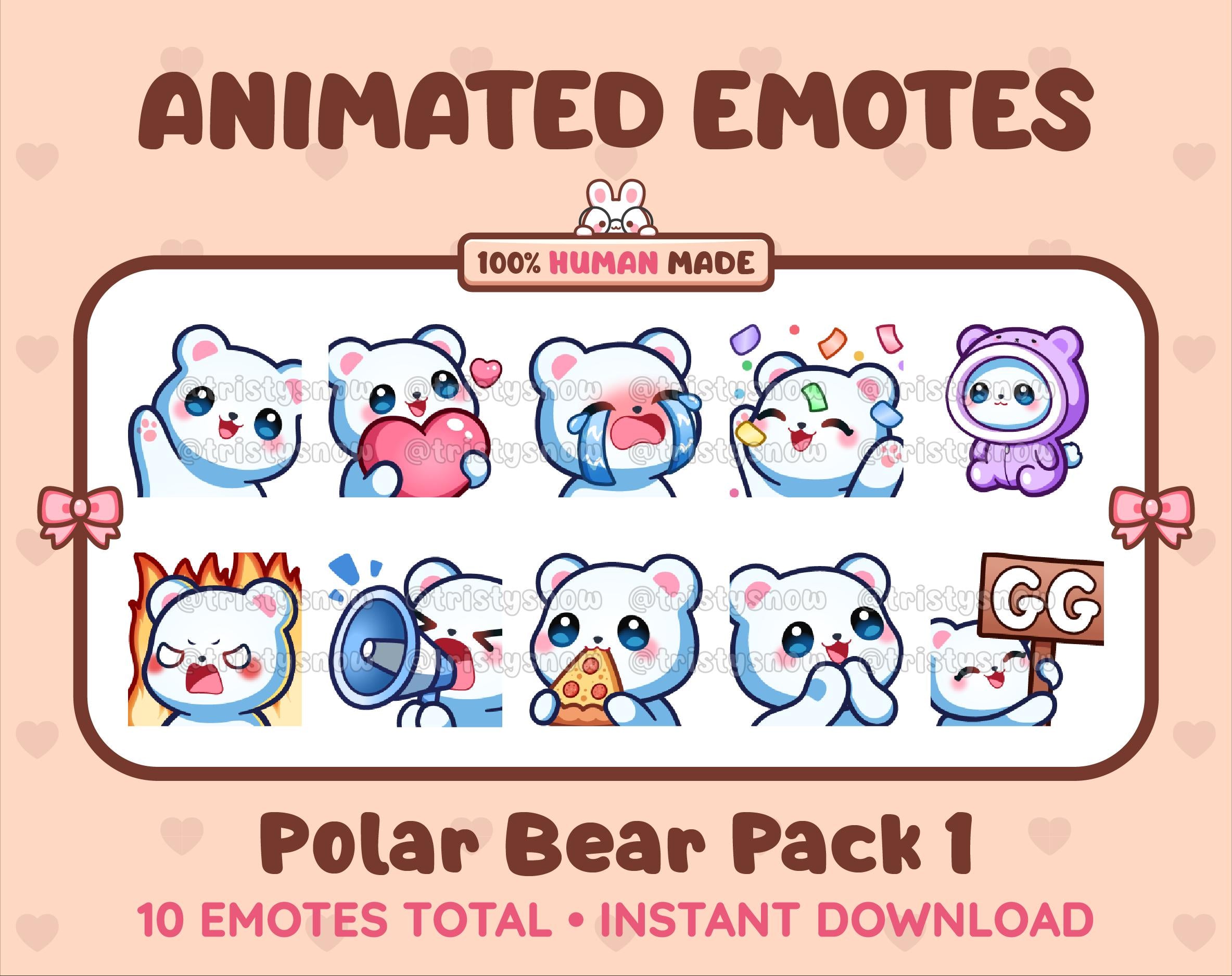 Polar Bear animated Twitch emote pack featuring 10 emotes including GG, angry, cry, and hype.