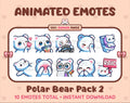 Polar Bear animated Twitch emote pack featuring 10 emotes including kiss, facepalm, shy, and raid.
