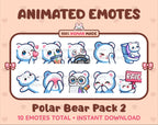 Polar Bear animated Twitch emote pack featuring 10 emotes including kiss, facepalm, shy, and raid.