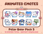 Polar Bear animated Twitch emote pack featuring 10 emotes including hug, scared, bonk, and popcorn.