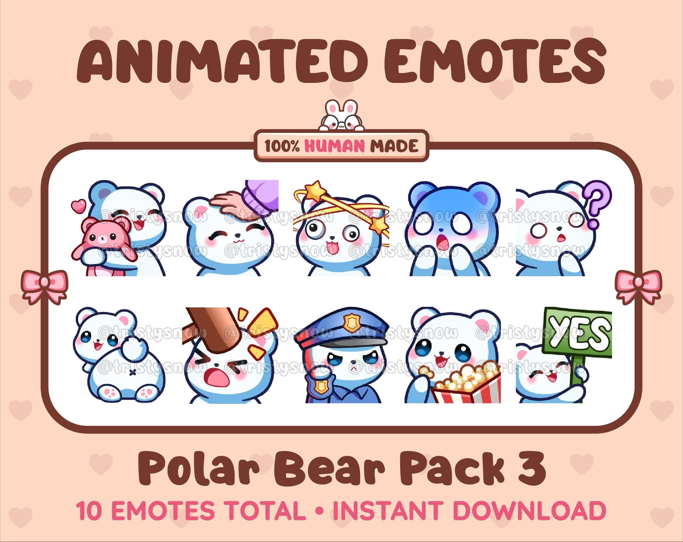 Polar Bear animated Twitch emote pack featuring 10 emotes including hug, scared, bonk, and popcorn.