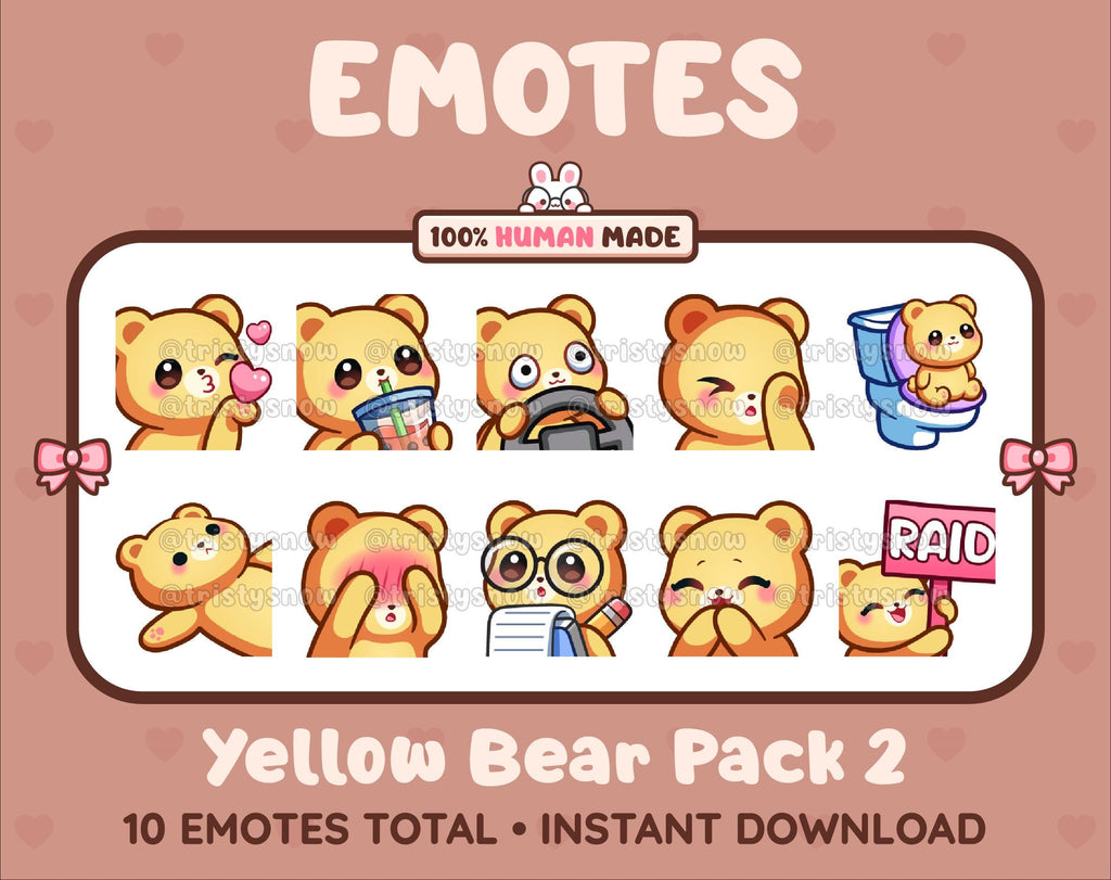 Yellow Bear Twitch emote pack featuring 10 emotes including kiss, facepalm, shy, and raid.